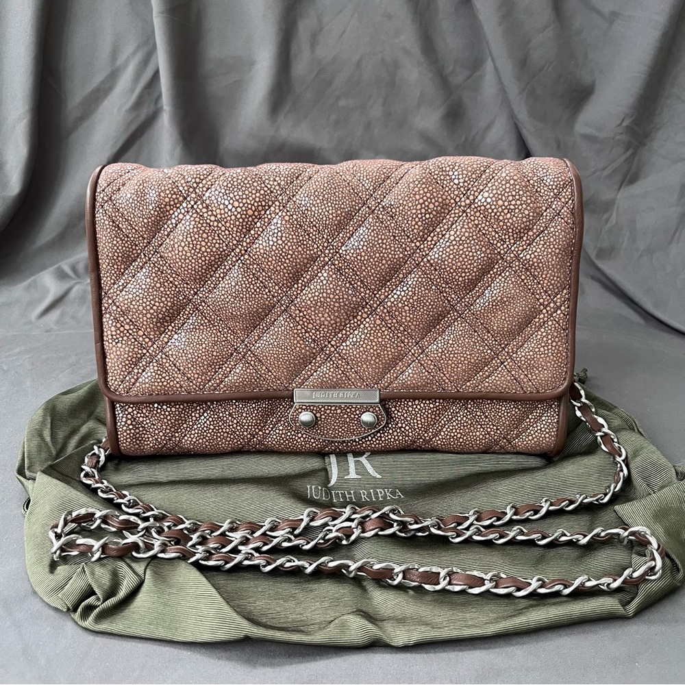 Judith Ripka Mocha STINGRAY Embossed Leather Quilted Clutch Pewter Chain NWOT